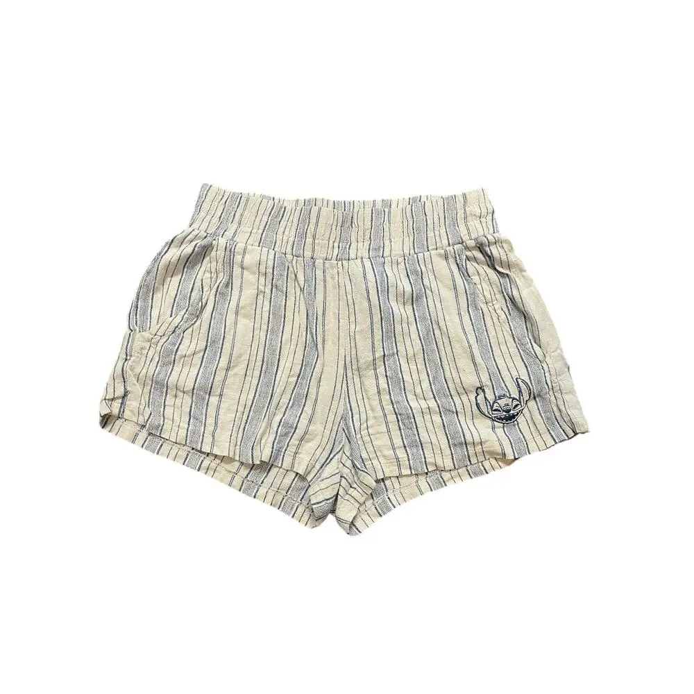 Disney Parks stitch embroidered shorts blue pinstripe linen blend size medium
